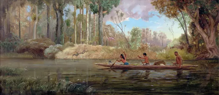 Framed Print : Early Spring; or A Narrow of the Waikato River, 1881. Creator: Charles Henry Kennett Watkins Framed Print : Early Spring; or A Narrow of the Waikato River, 1881. Creator: Charles Henry Kennett Watkins