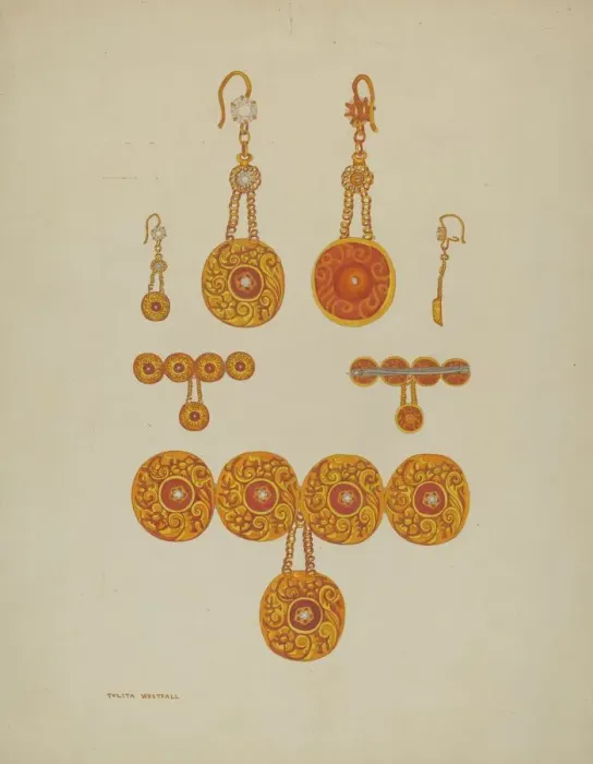 Framed Print : Earrings and Brooch, c. 1937. Creator: Tulita Westfall Framed Print : Earrings and Brooch, c. 1937. Creator: Tulita Westfall