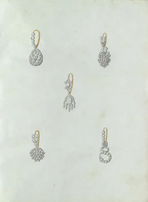 Framed Print : Five earrings, the last one with snake, c.1800-c.1810. Creator: Carl Friedrich Bärthel Framed Print : Five earrings, the last one with snake, c.1800-c.1810. Creator: Carl Friedrich Bärthel