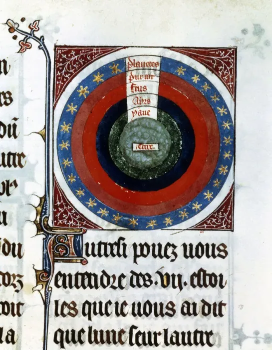 Framed Print : Earth surrounded by Water, Air, Fire, the planets and stars, 13th century Framed Print : Earth surrounded by Water, Air, Fire, the planets and stars, 13th century