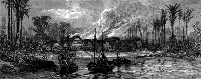Framed Print : An East African slave-trading village destroyed by the boats of H.M.S Briton and Daphne, 1873. Creator: Unknown Framed Print : An East African slave-trading village destroyed by the boats of H.M.S Briton and Daphne, 1873. Creator: Unknown