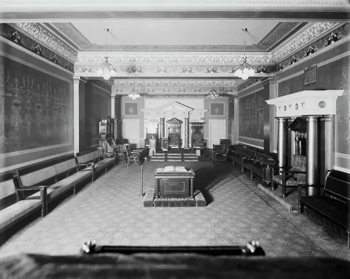 Framed Print : East Blue Lodge Room, Masonic Temple, Detroit, between 1900 and 1910. Creator: William H. Jackson Framed Print : East Blue Lodge Room, Masonic Temple, Detroit, between 1900 and 1910. Creator: William H. Jackson