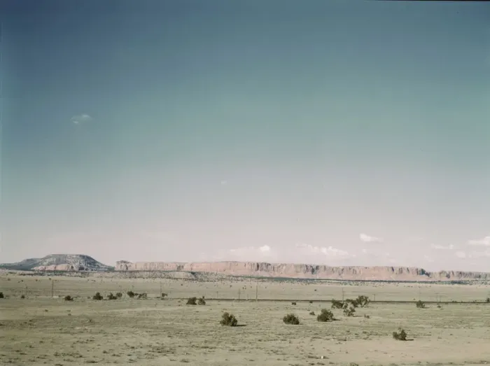 Framed Print : East bound track of the Santa Fe R. R. across desert country near South Chaves, New Mexico, 1943. Creator: Jack Delano Framed Print : East bound track of the Santa Fe R. R. across desert country near South Chaves, New Mexico, 1943. Creator: Jack Delano