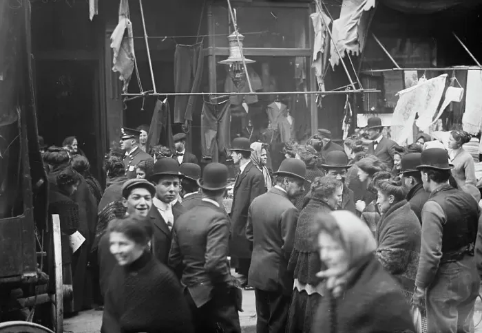 Framed Print : East side crowd discussing price of meat in front of shops, New York, 1910. Creator: Bain News Service Framed Print : East side crowd discussing price of meat in front of shops, New York, 1910. Creator: Bain News Service