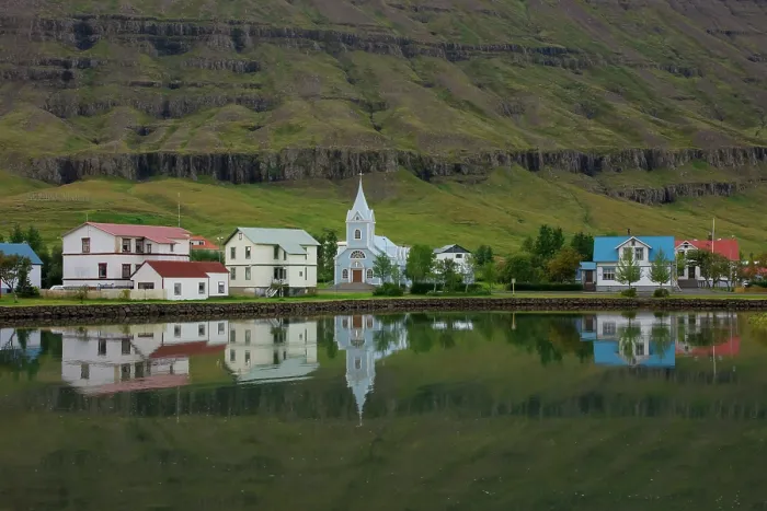 Framed Print : East Fjord Town, Iceland. Creator: Tom Artin Framed Print : East Fjord Town, Iceland. Creator: Tom Artin