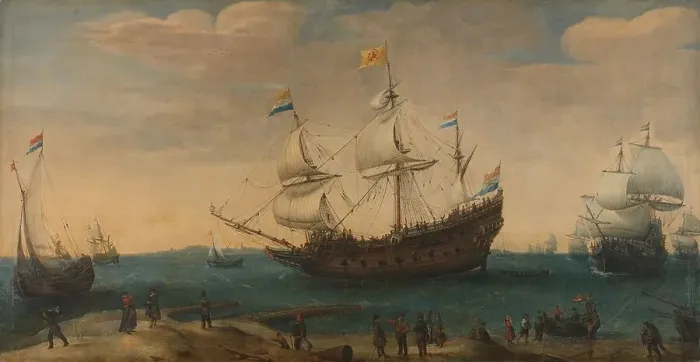 Framed Print : East Indiamen off a Coast, c.1600-c.1630. Creator: Hendrick Cornelisz Vroom Framed Print : East Indiamen off a Coast, c.1600-c.1630. Creator: Hendrick Cornelisz Vroom