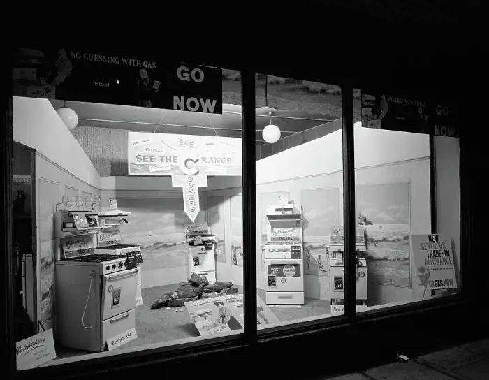 Framed Print : East Midlands Gas Board shop window cooker display, Dronfield, Derbyshire, 1961. Artist Framed Print : East Midlands Gas Board shop window cooker display, Dronfield, Derbyshire, 1961. Artist