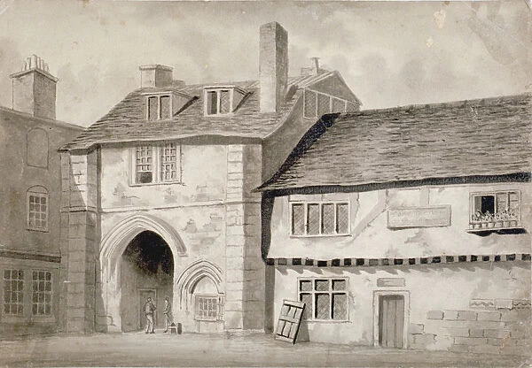 East view of the gateway to the Abbey of St Saviour, Bermondsey, Southwark, London, 1825