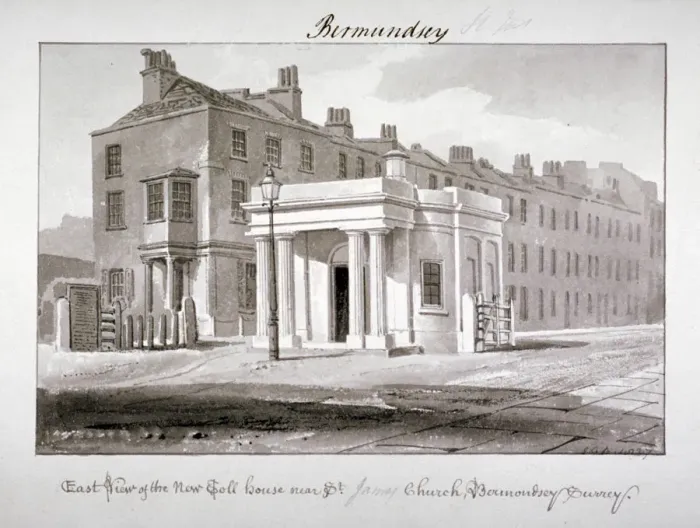 Framed Print : East view of the new toll house near St James Church, Bermondsey, London, 1827 Framed Print : East view of the new toll house near St James Church, Bermondsey, London, 1827