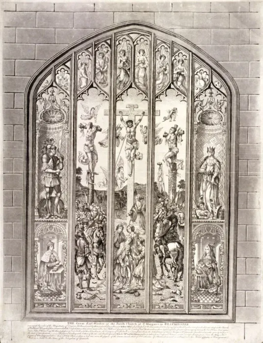 Framed Print : East window in St Margaret, Westminster, depicting the crucifixion, London, 1800 Framed Print : East window in St Margaret, Westminster, depicting the crucifixion, London, 1800