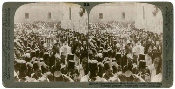 Framed Print : Easter procession of the Greek Patriarch, entering the Church of Holy Sepulchre, Jerusalem, 1903. Artist: Underwood & Underwood