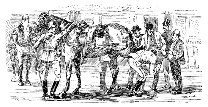 Framed Print : The Easter Volunteer Manoeuvres: we have to put on a new shoe at the Charing-Cross Station, 1890. Creator: Unknown Framed Print : The Easter Volunteer Manoeuvres: we have to put on a new shoe at the Charing-Cross Station, 1890. Creator: Unknown