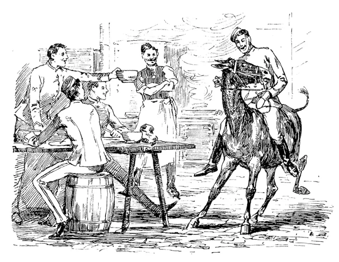 Framed Print : The Easter Volunteer Manoeuvres: the transport mule comes to tea with us in the cook house, 1890. Creator: Unknown Framed Print : The Easter Volunteer Manoeuvres: the transport mule comes to tea with us in the cook house, 1890. Creator: Unknown