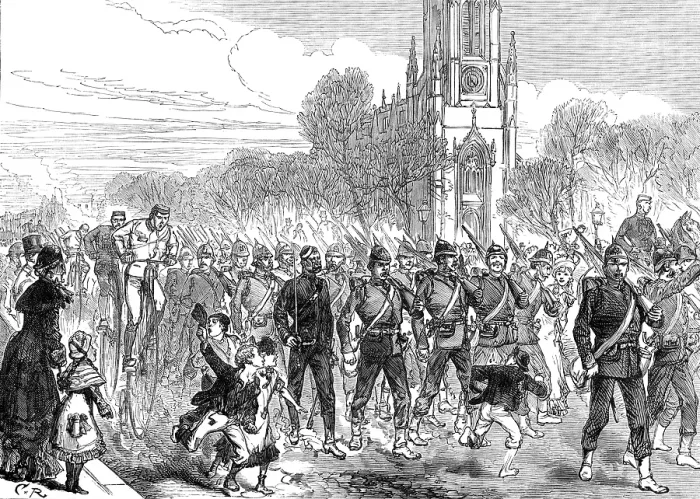 Framed Print : The Easter Volunteer Review: arrival of volunteers at Brighton by road, 1880. Creator: Unknown Framed Print : The Easter Volunteer Review: arrival of volunteers at Brighton by road, 1880. Creator: Unknown