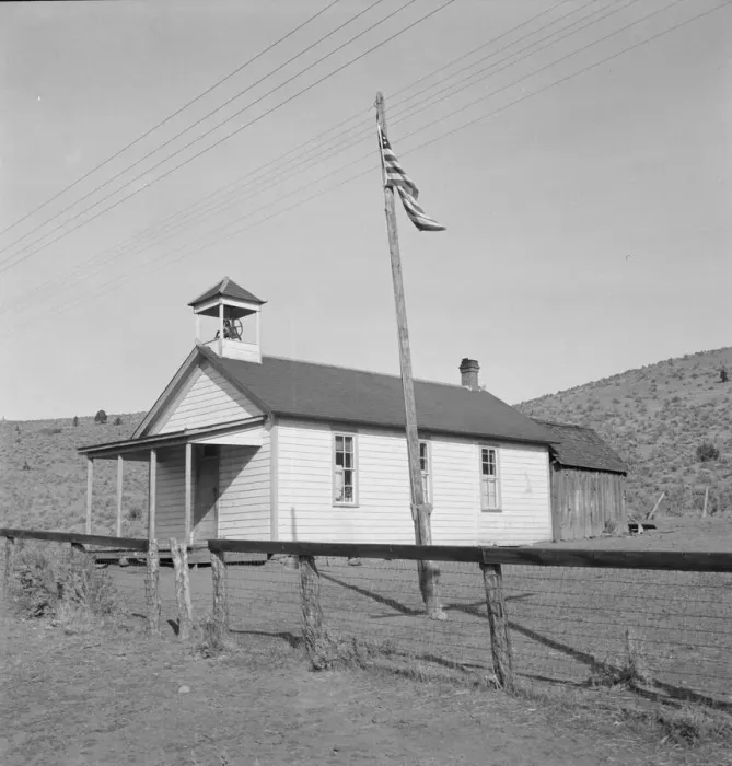 Framed Print : Eastern Oregon county school in clearing in the sage bush, Baker County, Oregon, 1939. Creator: Dorothea Lange Framed Print : Eastern Oregon county school in clearing in the sage bush, Baker County, Oregon, 1939. Creator: Dorothea Lange