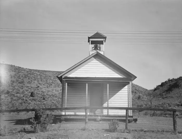 Framed Print : Eastern Oregon county school in sage bush clearing, Baker County, Oregon, 1939. Creator: Dorothea Lange Framed Print : Eastern Oregon county school in sage bush clearing, Baker County, Oregon, 1939. Creator: Dorothea Lange