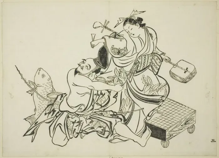 Framed Print : Ebisu flirting with a courtesan, no. 3 from a series of 12 prints, c. 1708 Framed Print : Ebisu flirting with a courtesan, no. 3 from a series of 12 prints, c. 1708