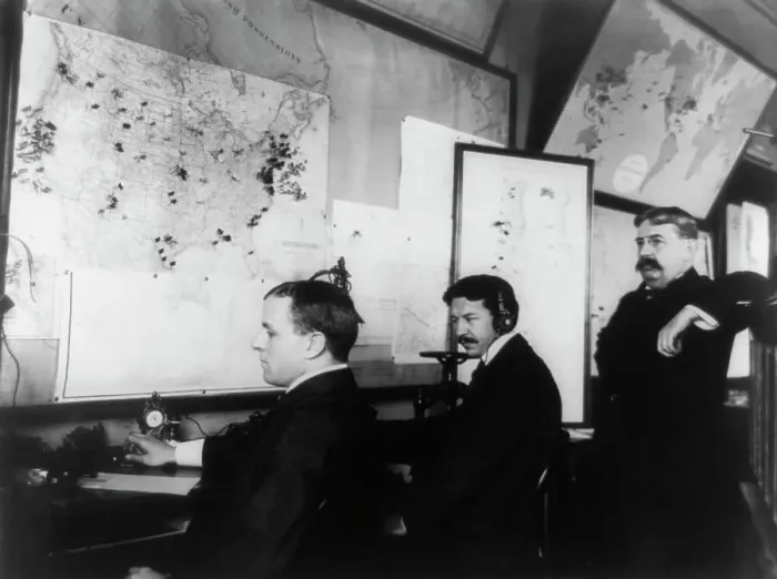 Framed Print : E.C. Heasley, Jules A. Rodier and Maj. Montgomery in the telegraph room in the White House... 1898. Creator: Frances Benjamin Johnston Framed Print : E.C. Heasley, Jules A. Rodier and Maj. Montgomery in the telegraph room in the White House... 1898. Creator: Frances Benjamin Johnston