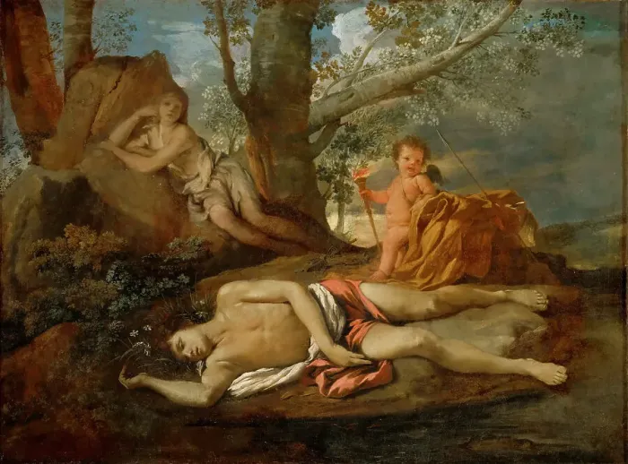 Framed Print : Echo and Narcissus, ca 1627. Creator: Poussin, Nicolas (1594-1665) Framed Print : Echo and Narcissus, ca 1627. Creator: Poussin, Nicolas (1594-1665)