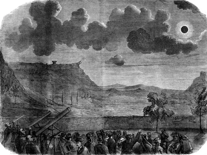 Framed Print : The Eclipse of the Sun on July 18 in Spain - the eclipse at Aguilar - from a sketch by our... 1860. Creator: Unknown Framed Print : The Eclipse of the Sun on July 18 in Spain - the eclipse at Aguilar - from a sketch by our... 1860. Creator: Unknown