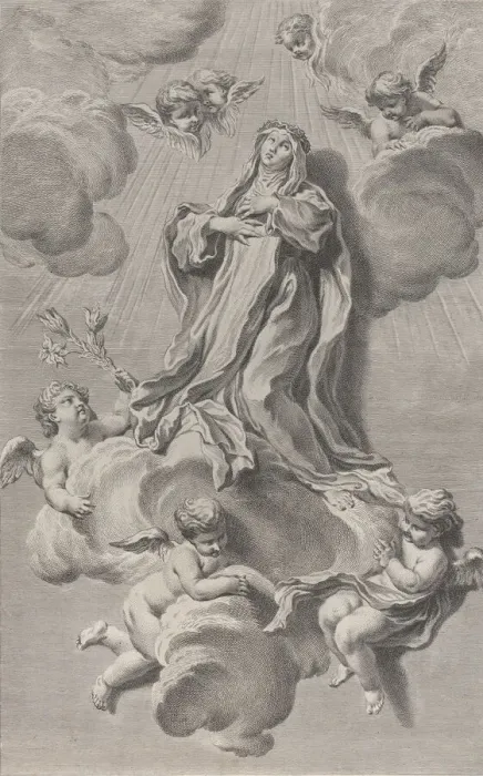 Framed Print : The Ecstasy of Saint Catherine of Siena, kneeling on a cloud carried by angels, one of