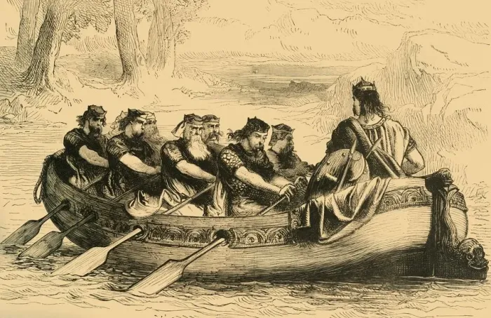 Framed Print : Edgar the Pacific being rowed down the River Dee by Eight Tributary Princes, c1890 Framed Print : Edgar the Pacific being rowed down the River Dee by Eight Tributary Princes, c1890