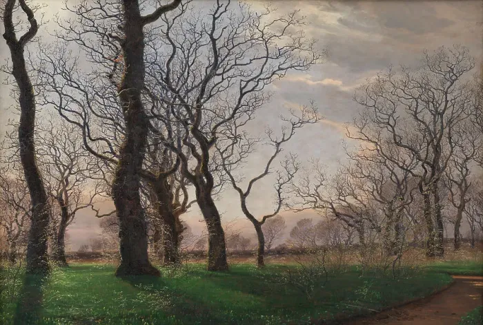 Framed Print : Edge of an oak forest on a Spring morning, 1863. Creator: Janus Andreas Bartholin la Cour