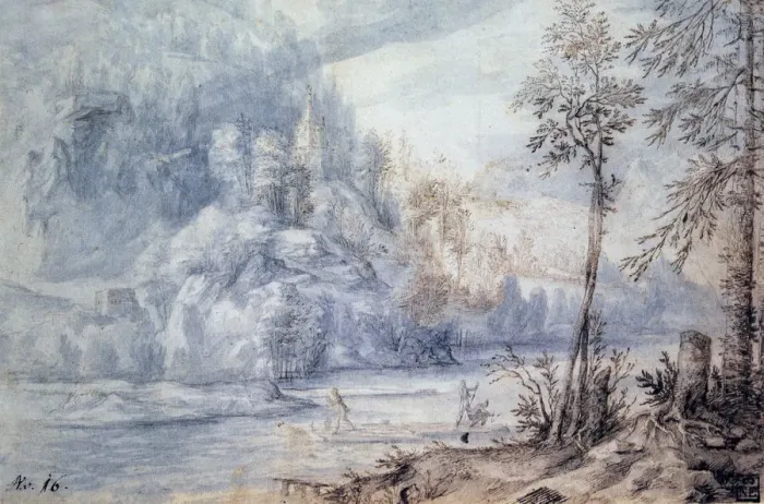 Framed Print : Edge of River with Raft, 17th century. Artist: Paulus van Vianen II Framed Print : Edge of River with Raft, 17th century. Artist: Paulus van Vianen II