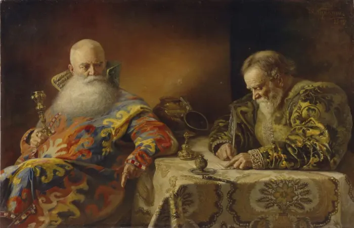 Framed Print : An edict are written, 1890. Artist: Karelin, Andrei Andreevich (1866-1928) Framed Print : An edict are written, 1890. Artist: Karelin, Andrei Andreevich (1866-1928)