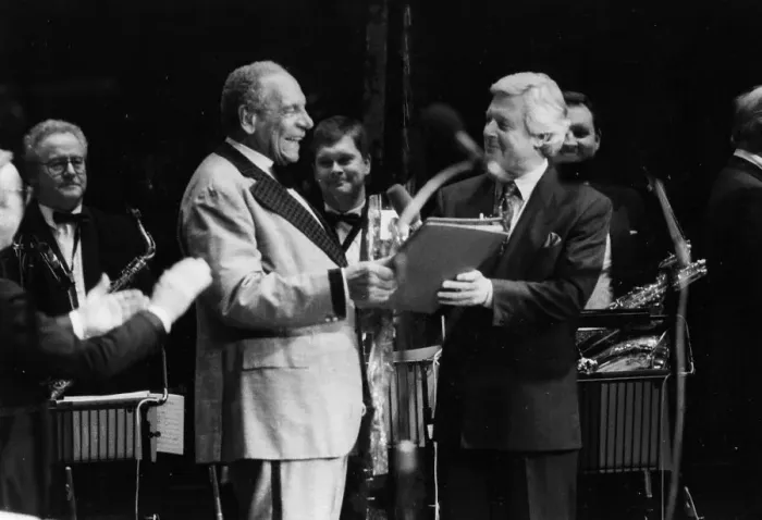 Framed Print : Edmundo Ross and Orchestra, Michael Aspel, 1994. Creator: Brian Foskett Framed Print : Edmundo Ross and Orchestra, Michael Aspel, 1994. Creator: Brian Foskett