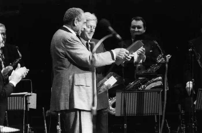 Framed Print : Edmundo Ross and Orchestra, Michael Aspel, 1994. Creator: Brian Foskett Framed Print : Edmundo Ross and Orchestra, Michael Aspel, 1994. Creator: Brian Foskett