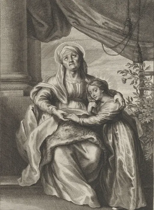 Framed Print : The education of the Virgin, with Saint Anne seated on a bench looking upwards Framed Print : The education of the Virgin, with Saint Anne seated on a bench looking upwards