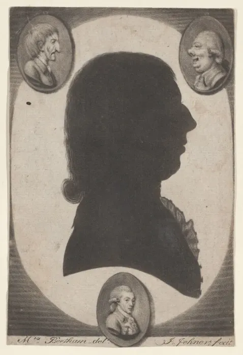 Framed Print : Edward Beetham, bust in profile to right in an oval, with two caricature heads, 1770-1818. Creator: Isaak Jehner Framed Print : Edward Beetham, bust in profile to right in an oval, with two caricature heads, 1770-1818. Creator: Isaak Jehner