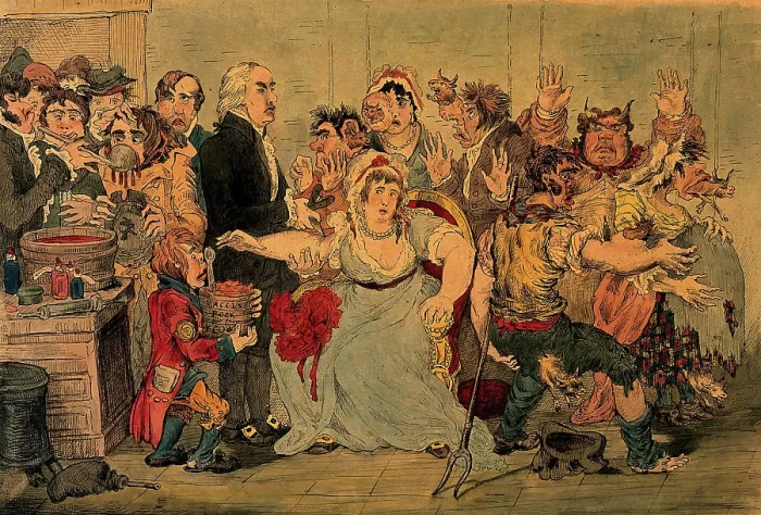 Framed Print : Edward Jenner vaccinating patients in the Smallpox and Inoculation Hospital at St Pancras... Creator: James Gillray Framed Print : Edward Jenner vaccinating patients in the Smallpox and Inoculation Hospital at St Pancras... Creator: James Gillray