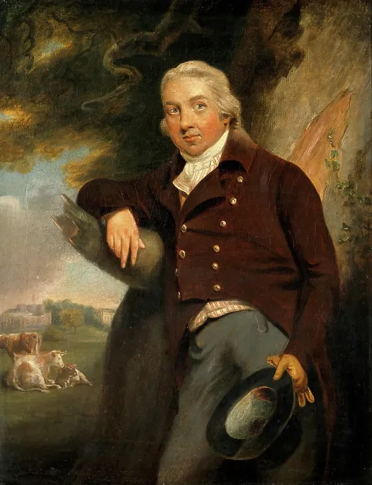 Framed Print : Edward Jenner, with a view of Berkeley, Glos, between 1769 and 1812. Creator: John Raphael Smith Framed Print : Edward Jenner, with a view of Berkeley, Glos, between 1769 and 1812. Creator: John Raphael Smith