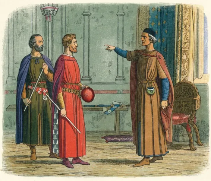 Framed Print : Edward threatens the Lord Marshal, 1297 (1864). Artist: James William Edmund Doyle Framed Print : Edward threatens the Lord Marshal, 1297 (1864). Artist: James William Edmund Doyle