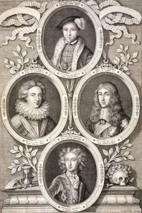 Framed Print : Edward VI, Henry and William, Dukes of Gloucester, and Henry, Prince of Wales, (c1700) Framed Print : Edward VI, Henry and William, Dukes of Gloucester, and Henry, Prince of Wales, (c1700)