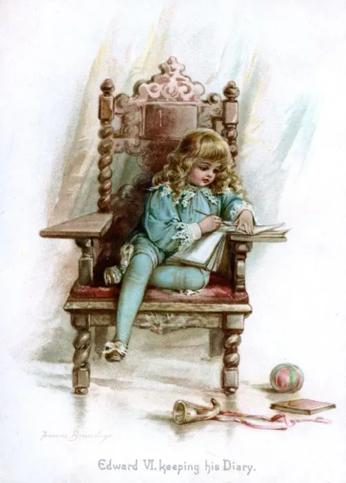 Framed Print : Edward VI, keeping his Diary, 1897. Artist: Frances Brundage Framed Print : Edward VI, keeping his Diary, 1897. Artist: Frances Brundage