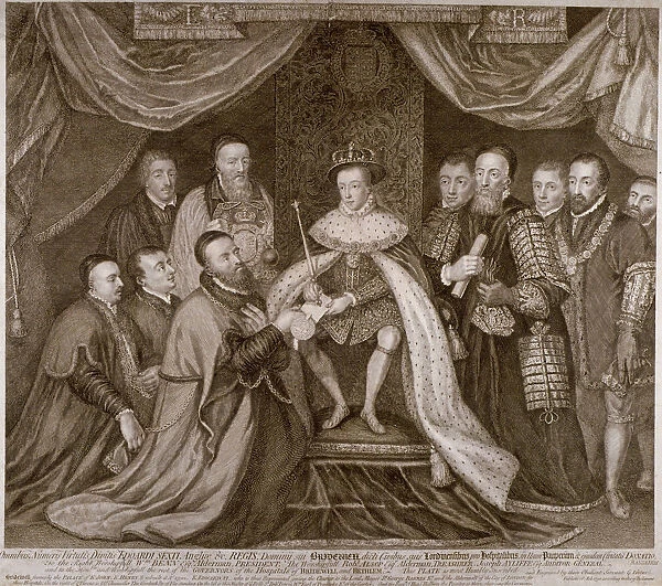 Edward VI signing a charter giving Bridewell to the City of London for a workhouse, 1552 (1750)