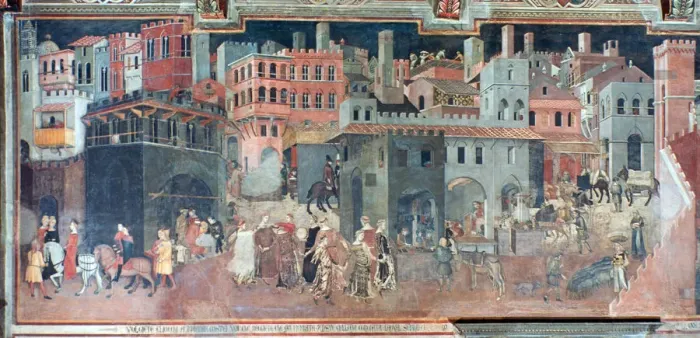 Framed Print : Effects of Good Government on the City Life, (detail), c1330. Artist: Ambrogio Lorenzetti Framed Print : Effects of Good Government on the City Life, (detail), c1330. Artist: Ambrogio Lorenzetti