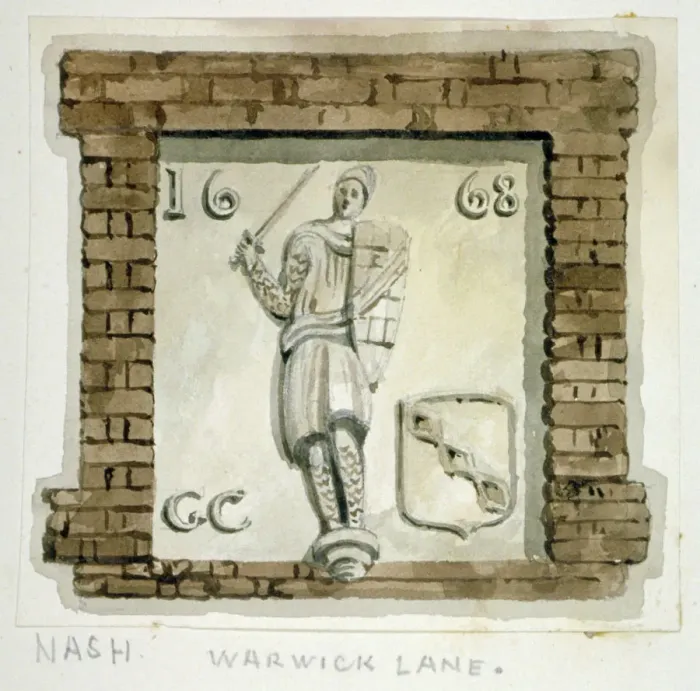 Framed Print : Effigy of Guy, Earl of Warwick, on the wall of a house in Warwick Lane, City of London, c1820 Framed Print : Effigy of Guy, Earl of Warwick, on the wall of a house in Warwick Lane, City of London, c1820