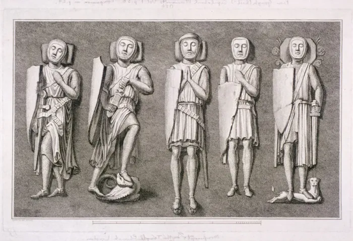 Framed Print : Five effiigies of knights from Temple Church, London, 1786. Artist: James Basire I Framed Print : Five effiigies of knights from Temple Church, London, 1786. Artist: James Basire I