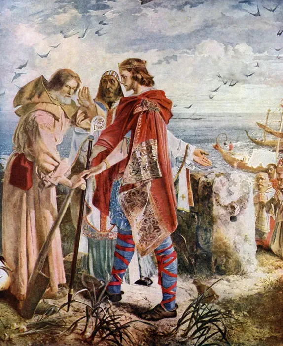 Framed Print : Egfrith offering the Bishopric of Hexham to Cuthbert, 678, (c1920). Artist: William Bell Scott Framed Print : Egfrith offering the Bishopric of Hexham to Cuthbert, 678, (c1920). Artist: William Bell Scott
