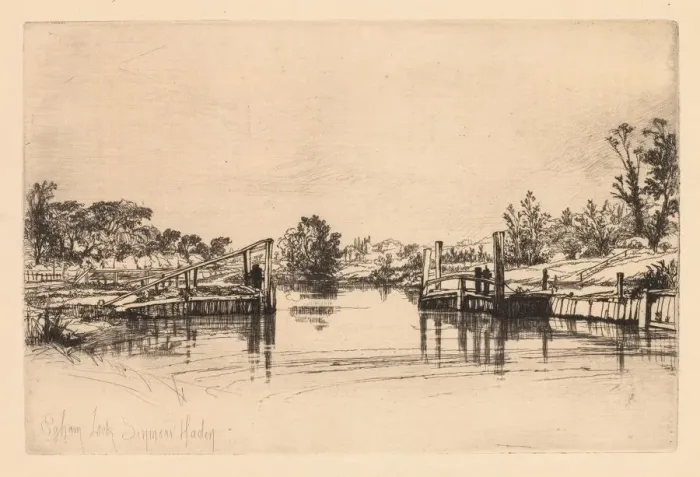Framed Print : Egham Lock, 1859. Creator: Francis Seymour Haden (British, 1818-1910) Framed Print : Egham Lock, 1859. Creator: Francis Seymour Haden (British, 1818-1910)