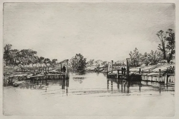 Framed Print : Egham Lock. Creator: Francis Seymour Haden (British, 1818-1910) Framed Print : Egham Lock. Creator: Francis Seymour Haden (British, 1818-1910)