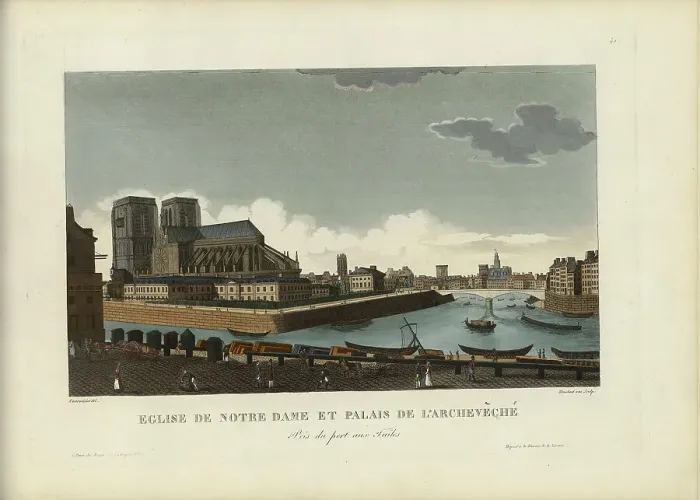 Framed Print : Église de Notre-Dame et palais de l'Archevêché, pris du Port aux Tuiles, 1817-1824. Creator: Courvoisier-Voisin, Henri (1757-1830) Framed Print : Église de Notre-Dame et palais de l'Archevêché, pris du Port aux Tuiles, 1817-1824. Creator: Courvoisier-Voisin, Henri (1757-1830)