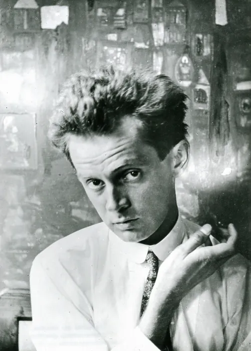 Framed Print : Egon Schiele in front of the painting 'Waldandacht' (Forest prayers), 1915 Framed Print : Egon Schiele in front of the painting 'Waldandacht' (Forest prayers), 1915