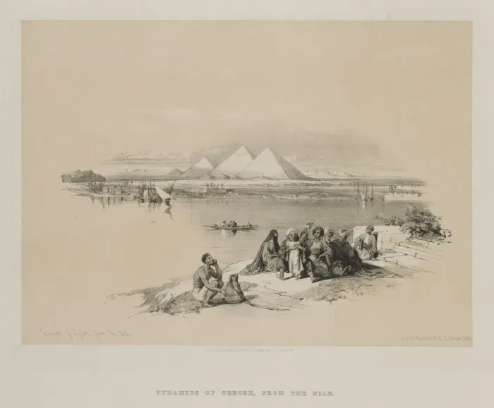 Framed Print : Egypt and Nubia, Volume I: Pyramids of Geezeh, from the Nile, 1846. Creator: Louis Haghe (British Framed Print : Egypt and Nubia, Volume I: Pyramids of Geezeh, from the Nile, 1846. Creator: Louis Haghe (British
