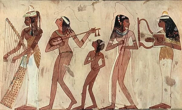 Egyptian arched harp, lute, double oboe and lyre; tomb painting in Veset (Thebes) c