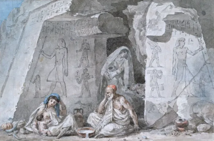 Framed Print : Egyptian Family Outside an Ancient Tomb, 19th century. Artist: Vivant Denon Framed Print : Egyptian Family Outside an Ancient Tomb, 19th century. Artist: Vivant Denon